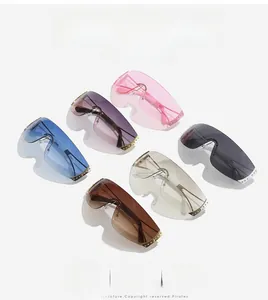 Close-up of rimless Y2K sports sunglasses in six gradient colors with metal rivet studs