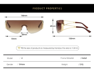 Detailed technical diagram of Y2K shield sunglasses showing dimensions and weight