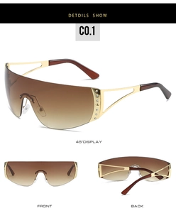 Detail view of Y2K shield sunglasses with rhinestones and geometric gold metal temples