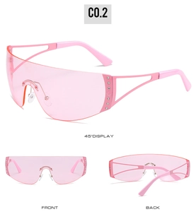 Pink Y2K rimless shield sunglasses with star rhinestone details and triple view