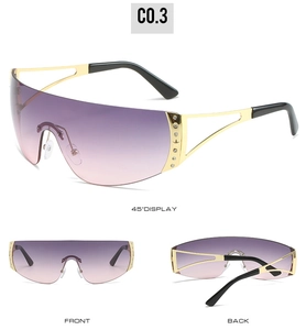Multi-angle view of Y2K shield sunglasses with gradient lenses and rhinestone temples