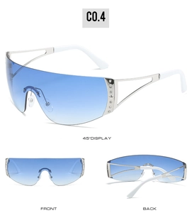 Detailed views of rimless Y2K sunglasses with blue gradient lenses and star accents