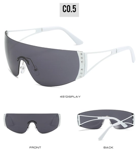 Detail view of white Y2K frameless sunglasses with star rhinestones and grey lenses