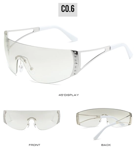 Detailed multi-angle views of Y2K rimless sports sunglasses with sparkling side rhinestones