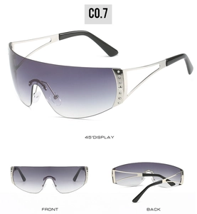 Three-angle view of rimless Y2K shield sunglasses with silver rhinestone metal frame