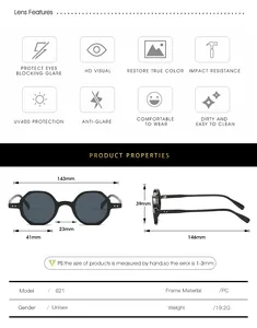 Detailed size guide for polygon sunglasses featuring frame width and lens dimensions