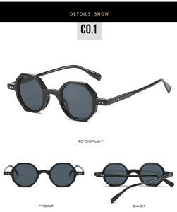 Three-angle view of black octagonal sunglasses with dark grey lenses and dual dot rivets