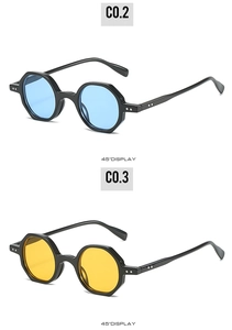 45-degree angle detail of retro polygonal sunglasses with blue and yellow lenses