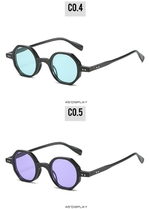 Detailed 45-degree view of multi-sided sunglasses with light blue and purple lenses