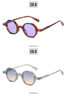 Detail view of hexagonal sunglasses in tortoiseshell purple and translucent grey frames