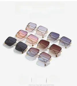 Detailed display of rimless square sunglasses with gradient lenses and metal frames