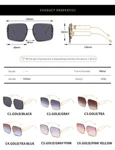 Detailed size chart and color options for rimless square metal frame sunglasses