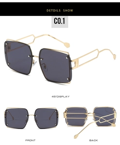 Detailed multi-angle views of square metal sunglasses with geometric hollow temples