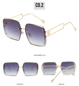 Detailed views of square metal sunglasses with purple gradient lenses and hollow temples