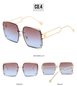Detailed views of gold square rimless sunglasses with purple to blue gradient lenses