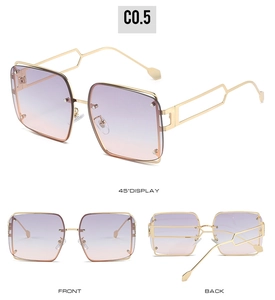 Three-angle views of square metal rimless sunglasses with purple gradient lenses