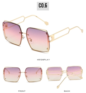 Detailed views of square metal sunglasses with purple to yellow gradient lenses
