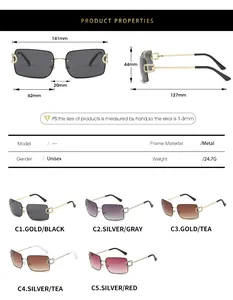 Detailed size chart and dimensions for rimless Y2K square sunglasses with metal frame