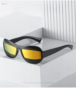 Futuristic wrap-around sports sunglasses with orange-yellow reflective lenses and black frames