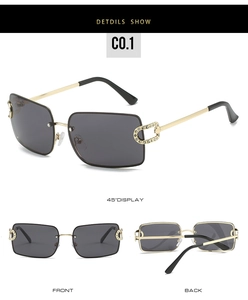 Detail view of rimless square sunglasses with rhinestone hinge and gold metal temples