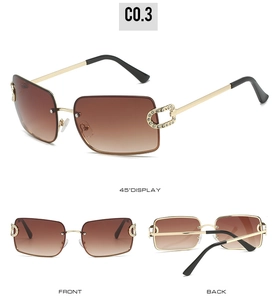 Three-angle view of rimless square sunglasses with rhinestone C-hinge and gradient brown lenses