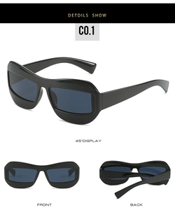 Black frog-eye sunglasses featuring blue translucent lenses in 45-degree and front views