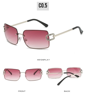 Three views of rimless Y2K sunglasses with pink gradient lenses and rhinestone accents