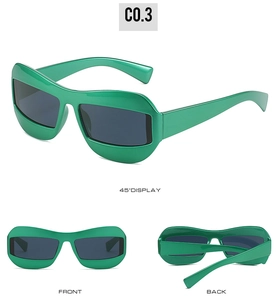 Front and back views of trendy frog eye green oversized futuristic sunglasses