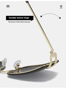 Detail of durable gold metal hinge with sparkling rhinestones on rimless Y2K sunglasses