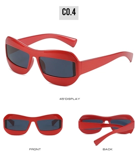 Front, back, and 45-degree side views of bold red oversized frames with dark lenses
