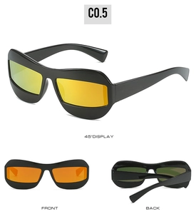 Multiple views of wrap-around frog-eye sunglasses with yellow-orange gradient lenses