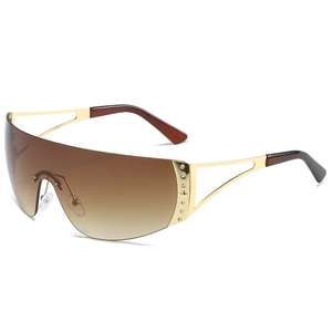 Y2K rimless sports sunglasses with brown gradient lens and star rhinestone detail