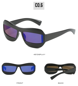 Macro display of frog-eye sunglasses with purple-blue gradient reflective lenses