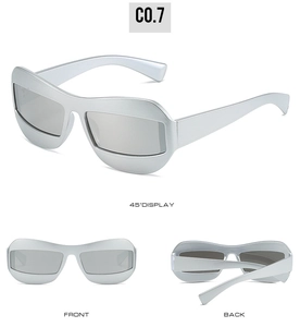 Three-angle display of silver futuristic Y2K sunglasses with wrap-around matte frame