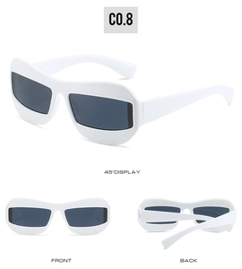 Three-view display of white frog-eye sunglasses with dark grey lenses in hip-hop style