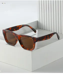 Detail of tortoise frame sunglasses with brown lenses on minimalist white display stand