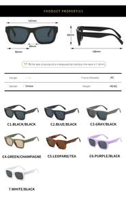 Detailed technical specifications and sizing chart for vintage square frame sunglasses