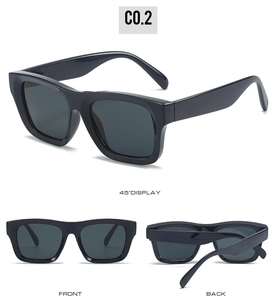 Detailed views of oversized square sunglasses featuring thick frames and grey lenses