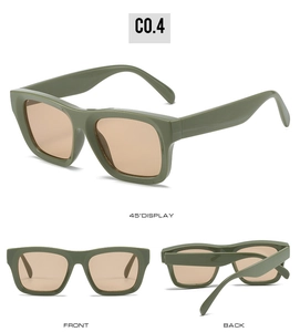Detailed multi-angle views of olive green square frame sunglasses with tinted lenses