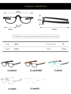 Detailed size chart and specifications for funky PC optical glasses frame model 88937