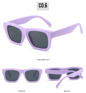 Multi-angle views of purple oversized sunglasses with grey lenses in 45-degree and front shots