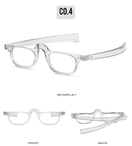 Detailed views of transparent PC optical frames showing front, back, and 45-degree angles