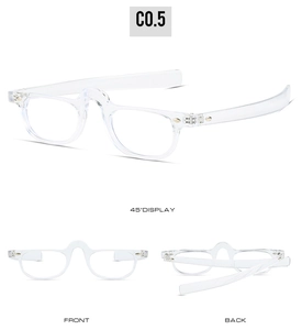 Three perspectives of transparent PC optical frames showing front, back and 45-degree angle