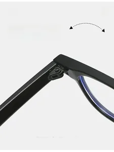 Detailed close-up of durable metal hinge and anti-blue light coating on PC glasses frame