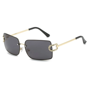 Frameless Y2K square sunglasses with gold metal rhinestone temples and dark lenses
