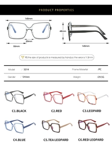 Detailed size chart and specifications for TR frame blue light blocking glasses