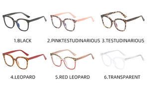 Showcase of six stylish large TR90 frames in black, leopard, and transparent colors