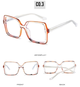 Multiple views of oversized square glasses with orange tortoise frame and clear temples