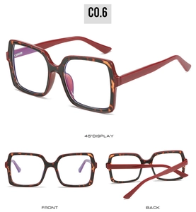 Three-view display of square tortoise shell anti-blue light glasses with red temples