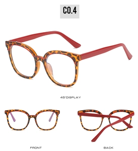 Detailed views of TR90 large frame glasses with leopard print and red temples